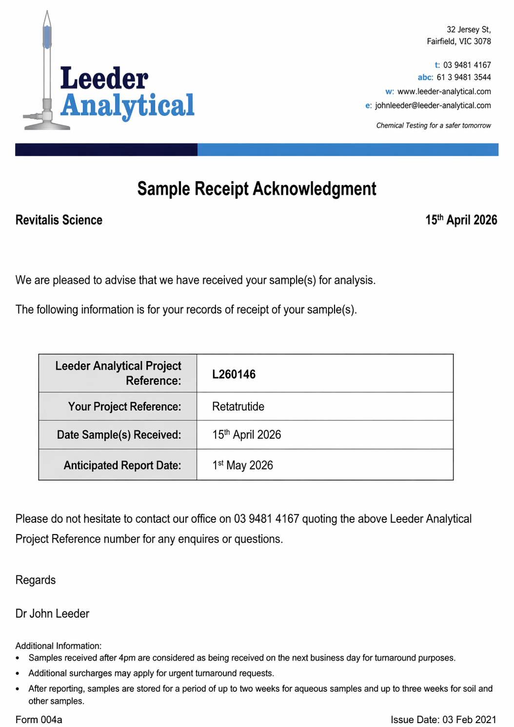 Independent laboratory sample receipt acknowledgement for Retatrutide sample